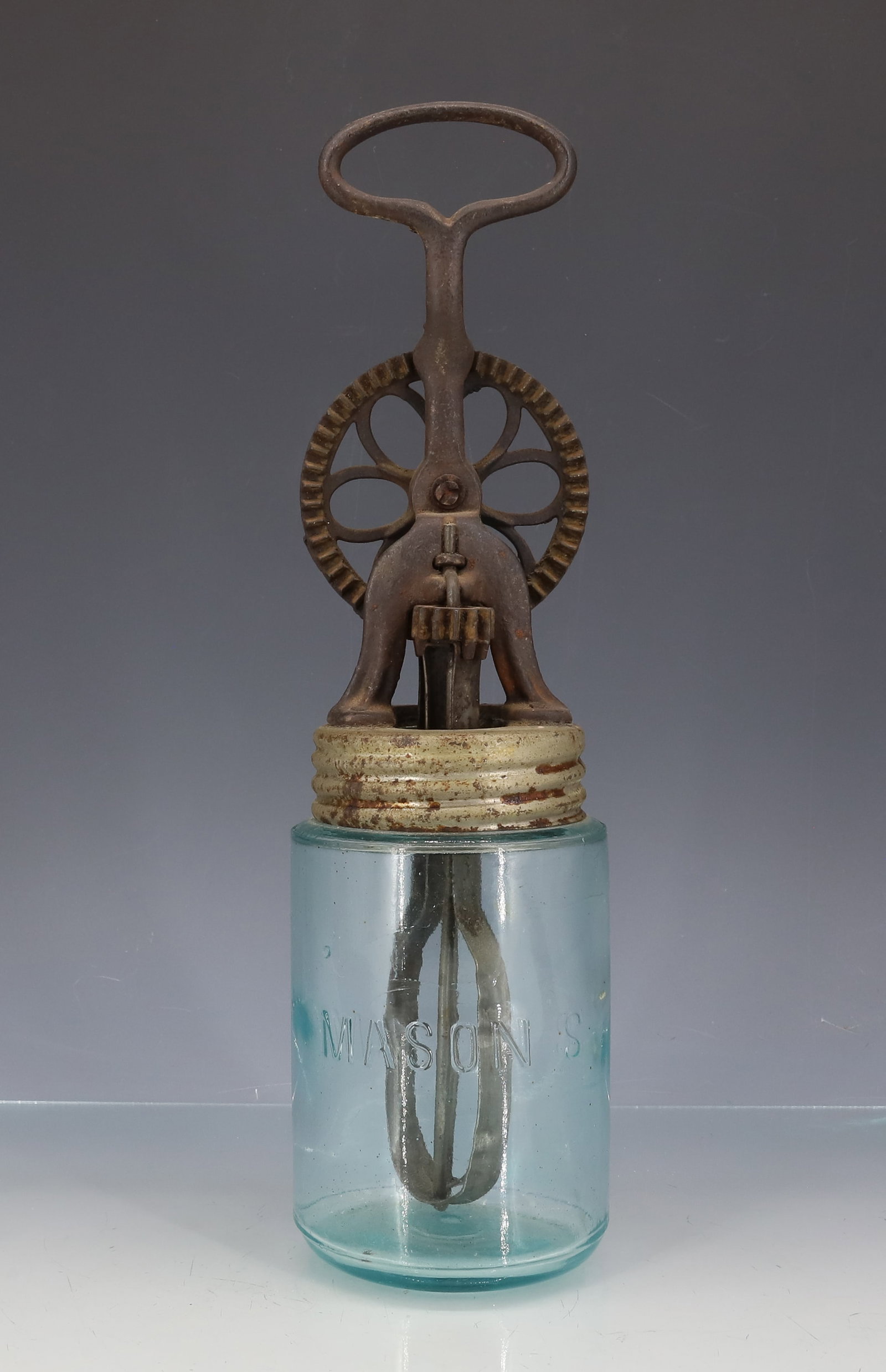 ROOTS EGG BEATER AND CREAM WHIP W/ JAR: SCREW-IN BEATER INSERT. PAT. 1900. AQUA MASON JAR. 11 1/2" H. PLEASE READ CAREFULLY - ITEMS MUST BE PAID FOR THROUGH LIVE AUCTIONEERS OR WITH CASH OR CHECK IN PERSON - Terms for Purchasing and