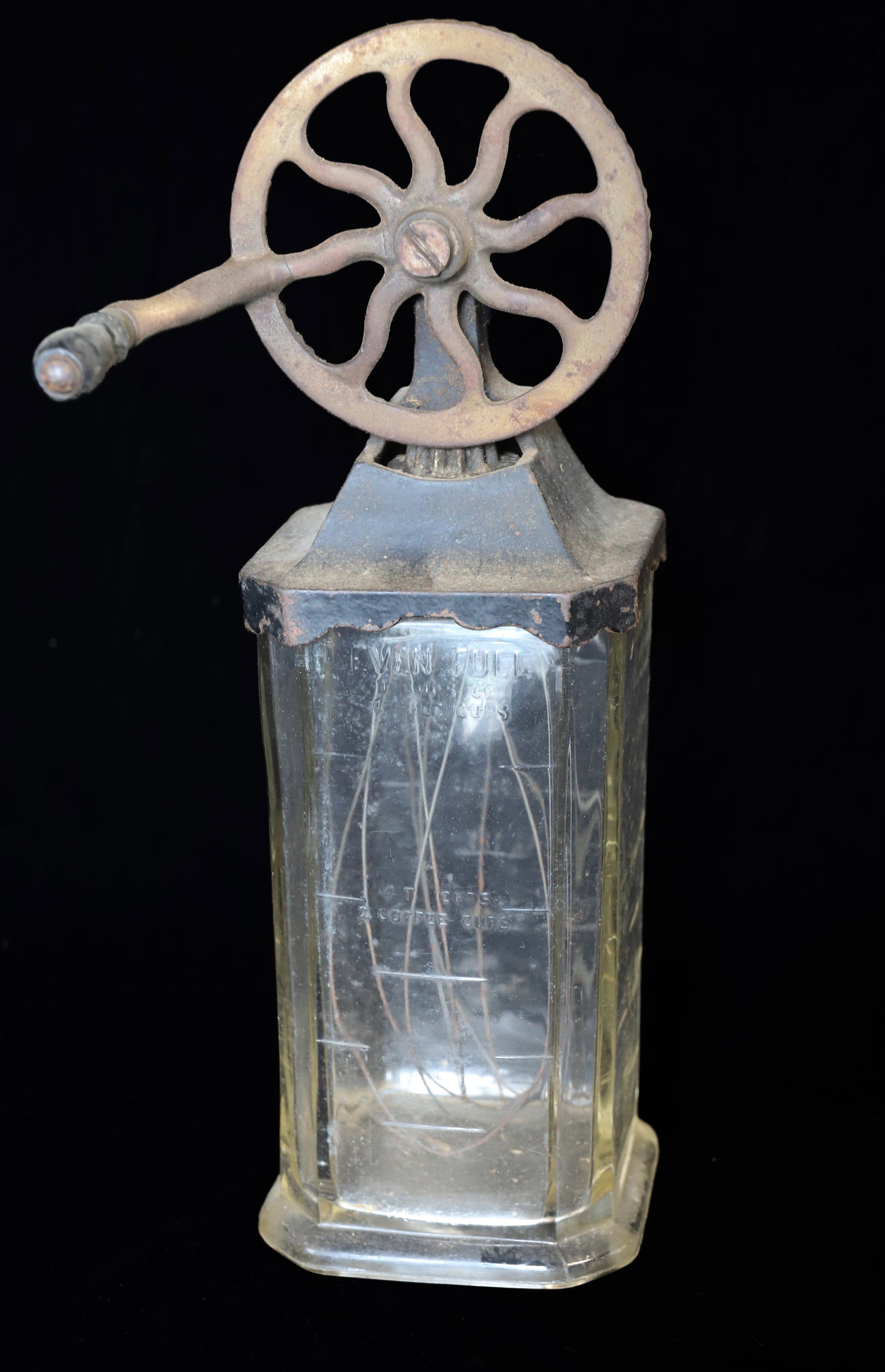 NEW KEYSTONE GLASS BEATER: EMBOSSED GLASS BASE W/ CAST IRON TOP AND CRANK. 12 1/4" H. PLEASE READ CAREFULLY - ITEMS MUST BE PAID FOR THROUGH LIVE AUCTIONEERS OR WITH CASH OR CHECK IN PERSON - Terms for Purchasing and Shipping