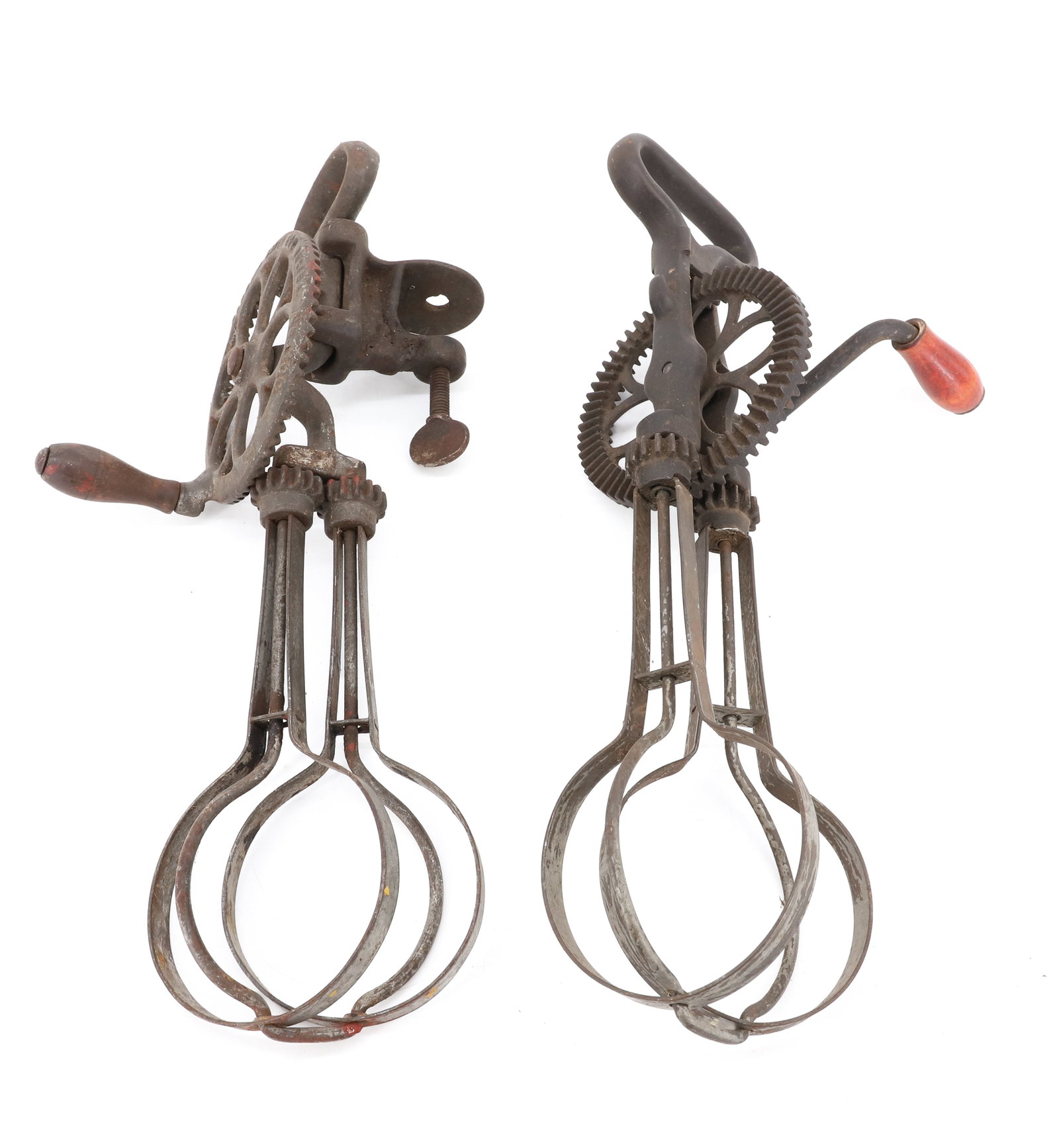 (2) OVERSIZED EGG BEATERS: DOVER EGG BEATER NO. 300 W/ TABLE CLAMP. 16 1/4" L. WITH, LARGE UNMARKED BEATER W/ RED WOODEN HANDLE GRIP. 16 3/4" L. PLEASE READ CAREFULLY - ITEMS MUST BE PAID FOR THROUGH LIVE AUCTIONEERS OR WITH