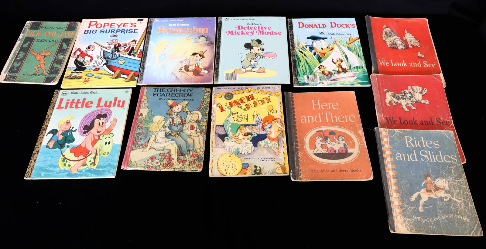 LOT OF VINTAGE CHILDREN'S BOOKS: INCLUDING: DICK AND JANE. WE LOOK AND SEE. PUNCH & JUDY FIGHT FOR PIE. LITTLE GOLDEN BOOKS AND MORE. PLEASE READ CAREFULLY - ITEMS MUST BE PAID FOR THROUGH LIVE AUCTIONEERS OR WITH CASH OR CHECK IN