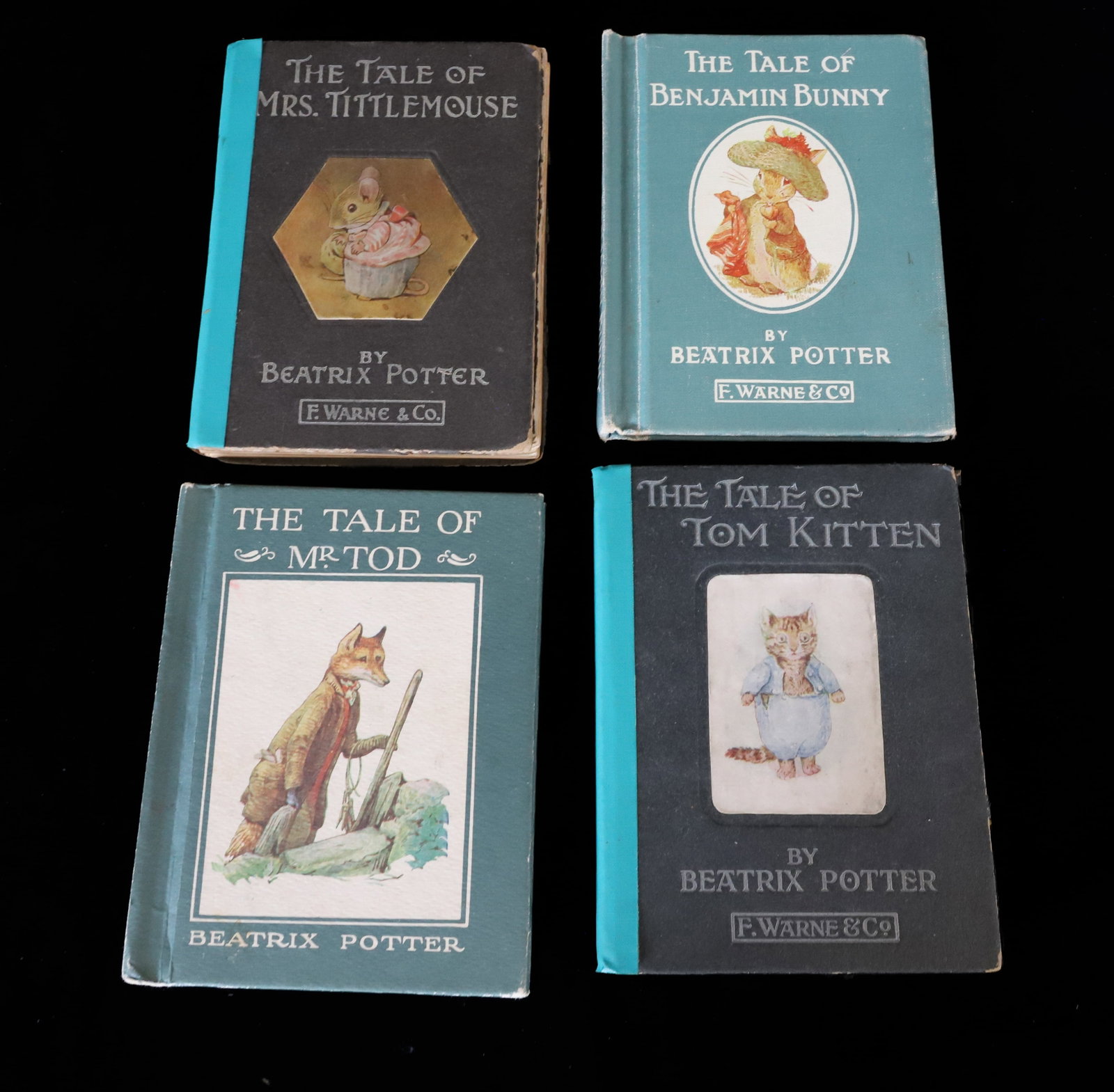 LOT OF BEATRIX POTTER CHILDREN'S BOOKS: THE TALE OF BENJAMIN BUNNY. THE TALE OF TOM KITTEN. THE TALE OF MR. TOD. THE TALE OF MRS. TITTLEMOUSE. 1904/1907/1910/1911. PLEASE READ CAREFULLY - ITEMS MUST BE PAID FOR THROUGH LIVE AUCTIONEERS OR W