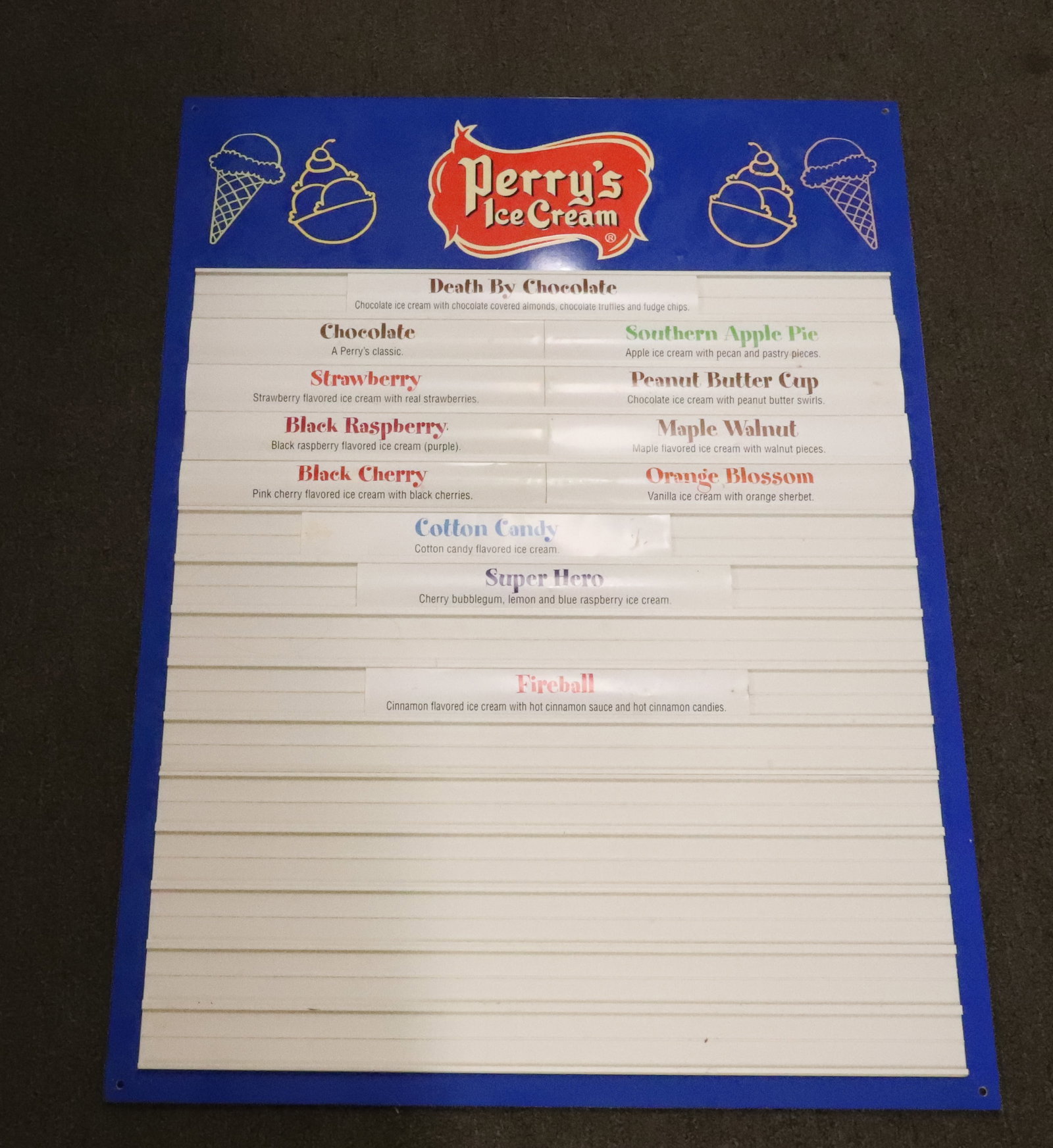 PERRY'S ICE CREAM ADVERTISING MENU BOARD: PLASTIC WITH PAPER FLAVOR INSERTS. 31 3/4" X 23 3/4". PLEASE READ CAREFULLY - ITEMS MUST BE PAID FOR THROUGH LIVE AUCTIONEERS OR WITH CASH OR CHECK IN PERSON - Terms for Purchasing and Shipping of Auc
