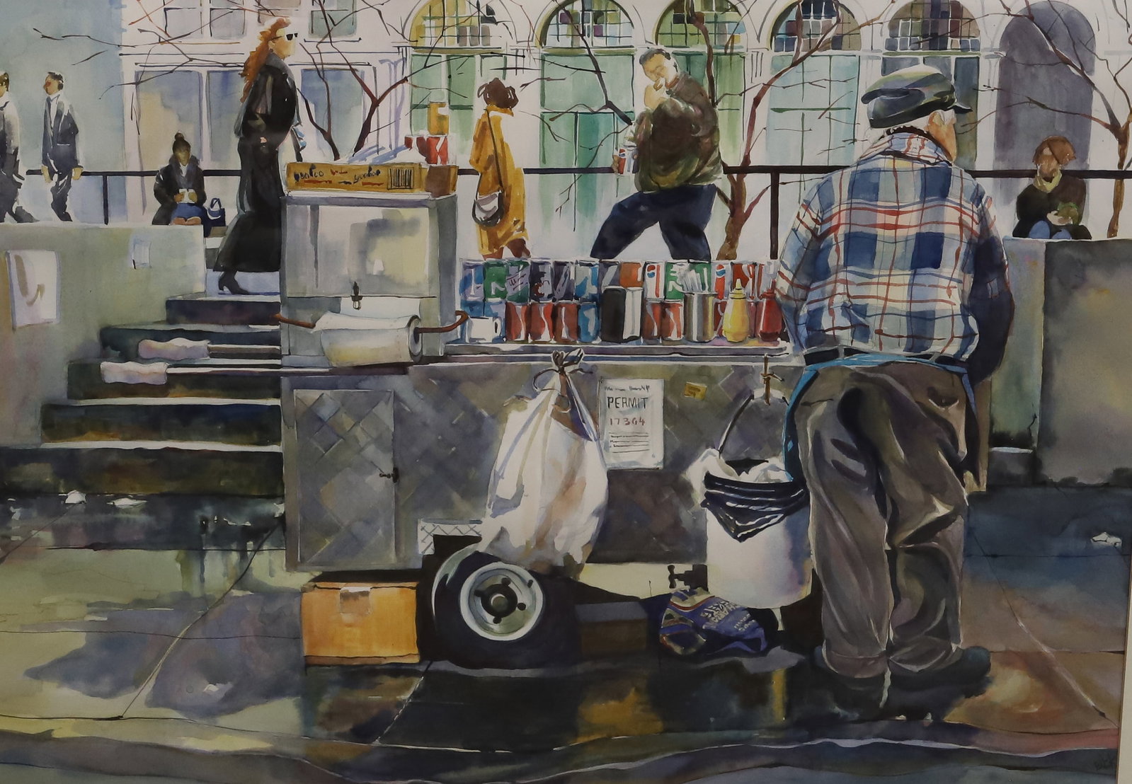 LISA BUCK FRAMED WATERCOLOR: VIEW FROM BEHIND A STREET VENDOR. SGND. BOTTOM RIGHT. MATTED AND FRAMED UNDER GLASS. 31 1/4" X 39 1/4" TOTAL SIZE. PLEASE READ CAREFULLY - ITEMS MUST BE PAID FOR THROUGH LIVE AUCTIONEERS OR WITH CASH 