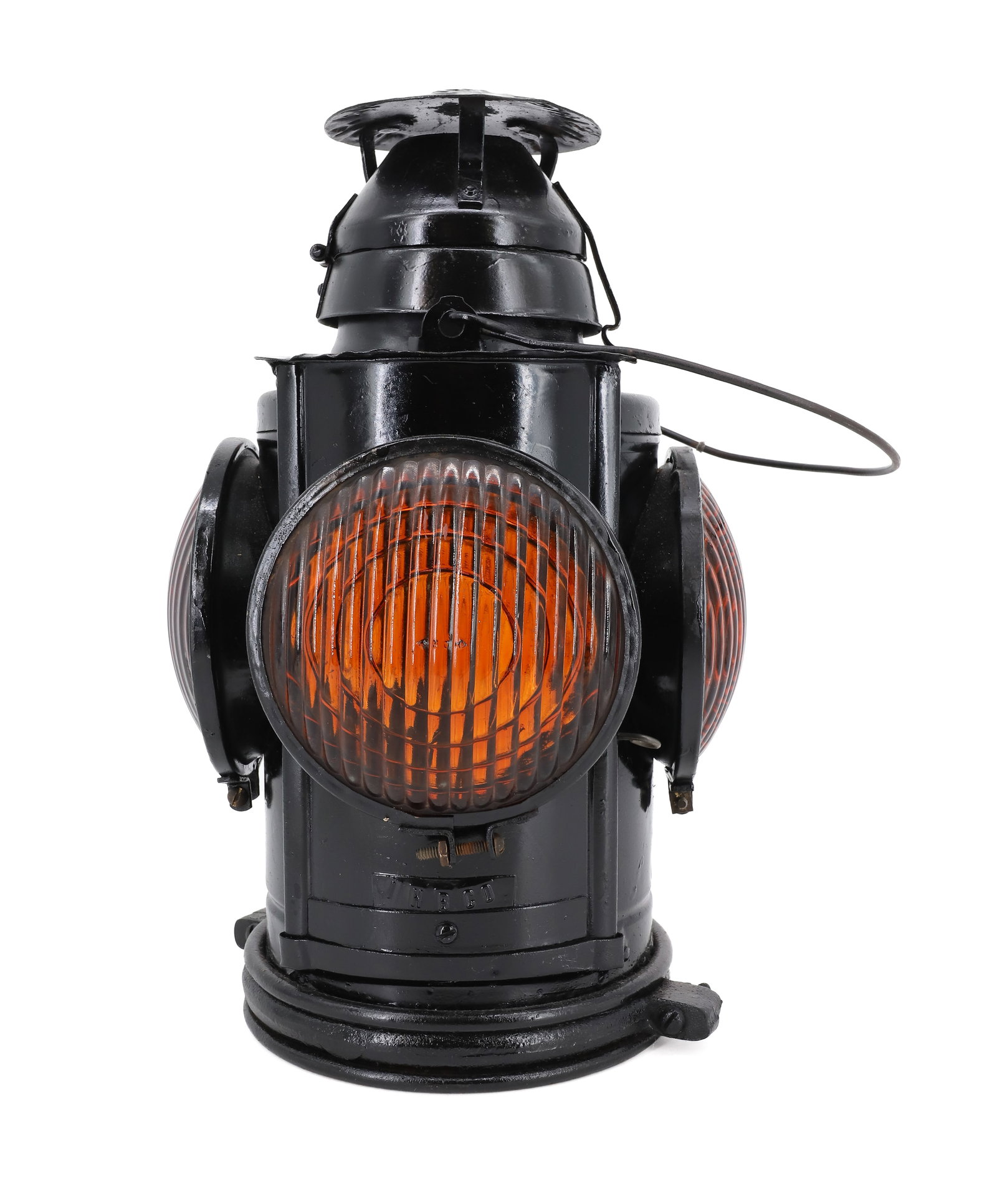 INDIANA HARBOR BELT CABOOSE LAMP: BLACK PAINTED METAL MRKD. "HANDLAN, ST. LOUIS USA" ON TOP. WITH, "IHB CO" ON SIDE. FOUR GLASS LENSES. 14 3/4" H. PLEASE READ CAREFULLY - ITEMS MUST BE PAID FOR THROUGH LIVE AUCTIONEERS OR WITH CASH OR