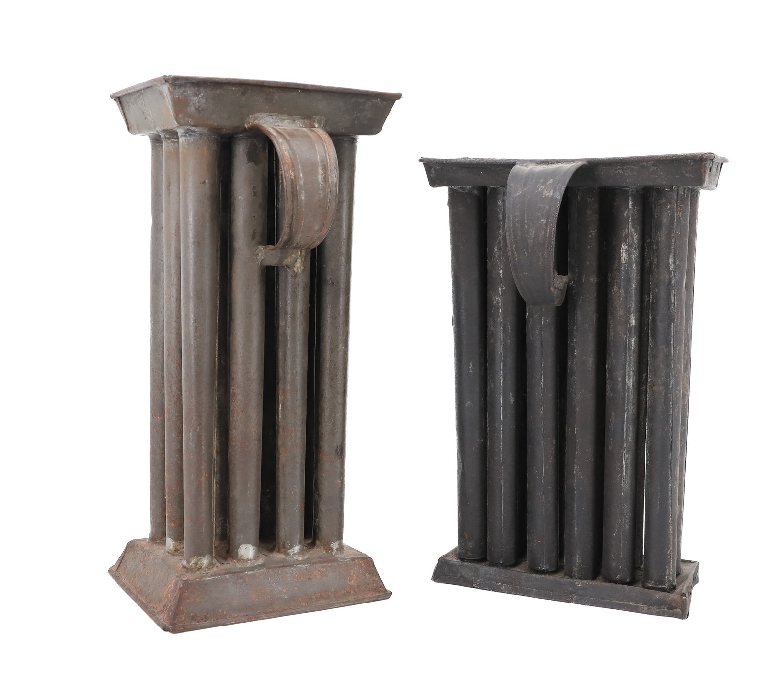 (2) 19TH C. CANDLE MOLDS: (2) TWELVE-HOLE TIN CANDLE MOLDS WITH STRAP HANDLES. 10" X 6 1/2" X 3 1/4". 11 1/4" X 5 1/4" X 4 1/4". PLEASE READ CAREFULLY - ITEMS MUST BE PAID FOR THROUGH LIVE AUCTIONEERS OR WITH CASH OR CHECK IN
