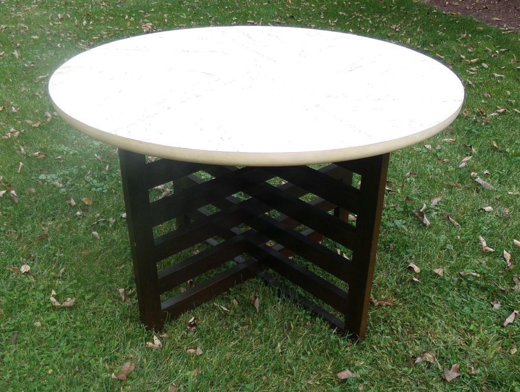 Harvey Probber Round table: Harvey Probber round Travertine tile top table with wooden base