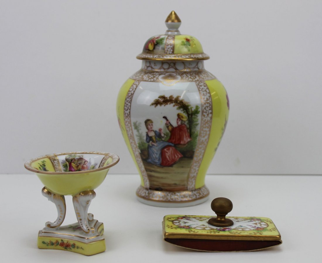 DRESDEN LOT: DRESDEN COVERED JAR, BLOTTER, AND FOOTED DIP BOWL.Â HAND PAINTED W/ LIKE DESIGNÂ JAR 8" - BLOTTER 4" - BOWL 3"