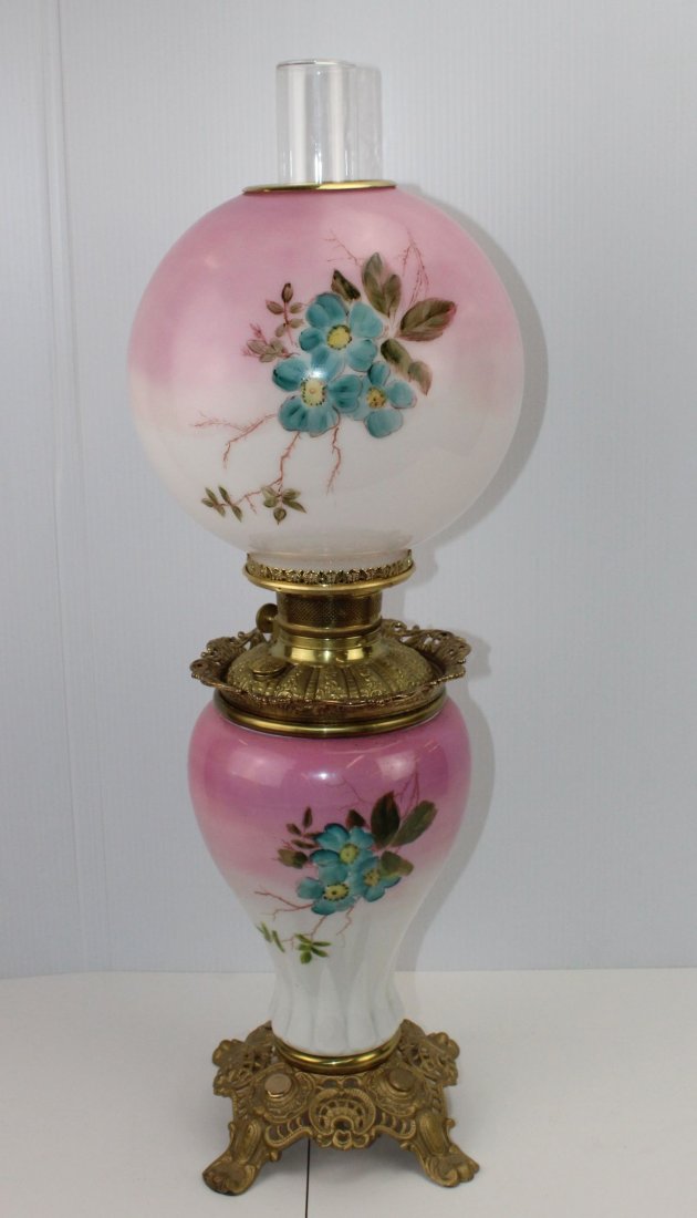 GONE WITH THE WIND OIL LIGHT: HAND PAINTED FLORAL DESIGN WITH ROYAL BURNER 28"