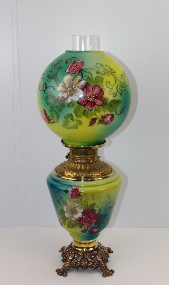 GONE WITH THE WIND OIL LIGHT: HAND PAINTED FLORAL DESIGN WITH MILLER BURNER 23"