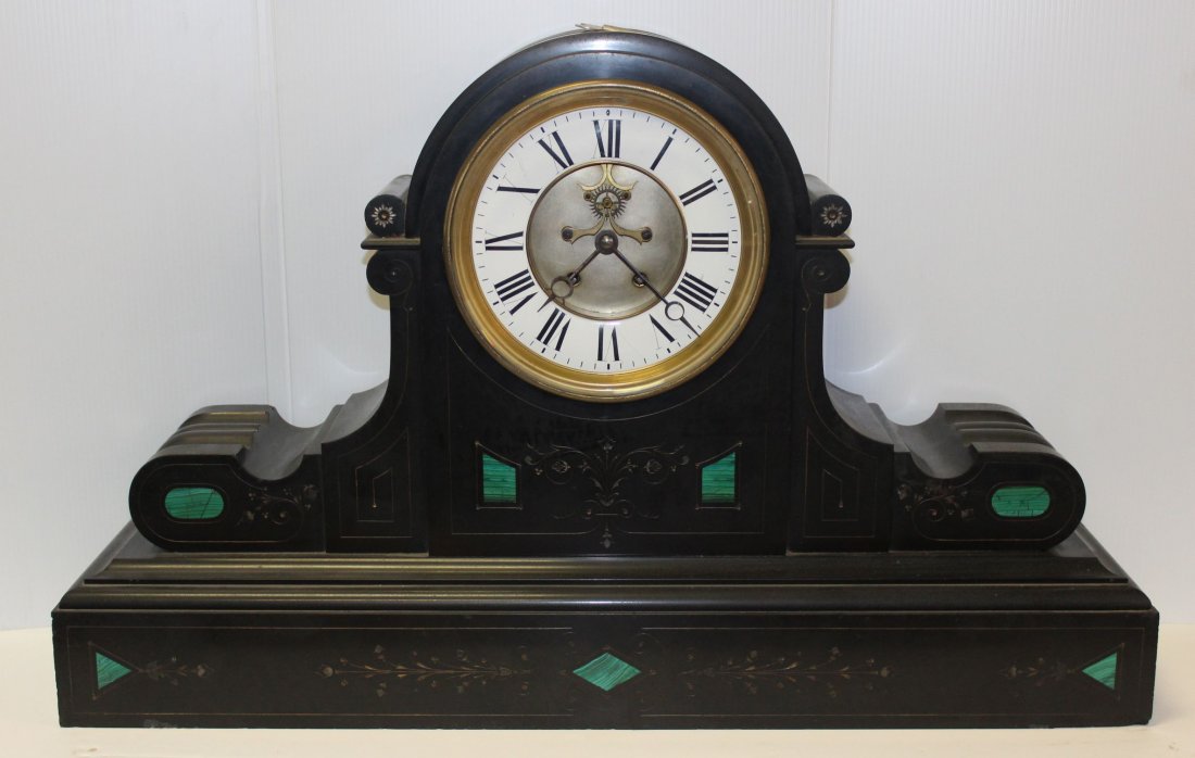 INLAYED OPEN ESCAPEMNT MANTLE CLOCK: EARLY SLATE OR BLACK MARBLE OPEN ESCAPEMENT MANTLE CLOCK WITH GREEN STONE INLAY - BACK RIGHT IS CRACKED 36"X22"