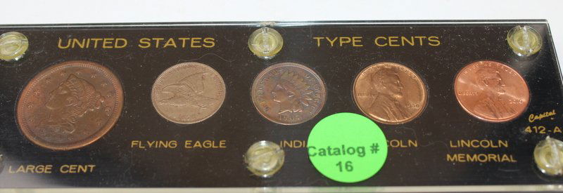 US TYPE SET: 1850 LARGE CENT, 1853 FLYING EAGLE, 1907 INDIAN HEAD, 1930 LINCOLN, and 2010 LINCOLN MEMORIAL