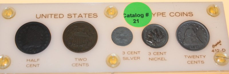 US ODD TYPE COIN SET: 1809 HALF CENT, 1864 TWO CENT, 1852 3 CENT SILVER, 1865 3 CENT NICKEL, AND 1875 TWENTY CENTS