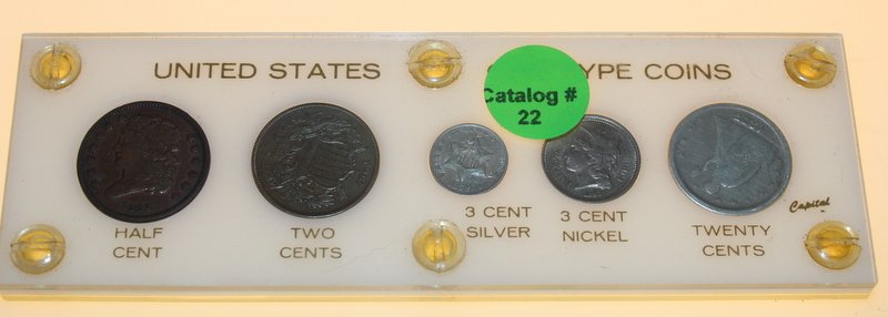 US ODD TYPE COIN SET: 1842 HALF CENT, 1864 TWO CENT, 1852 3 CENT SILVER, 1857 3 CENT NICKEL, AND 1875 TWENTY CENTS