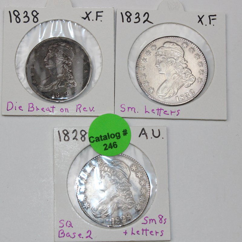 LOT OF CAPPED BUST HALVES: 1828 SQ BASE 2 SM 8 AND LETTERS - 1832 SMALL LETTERS - 1838