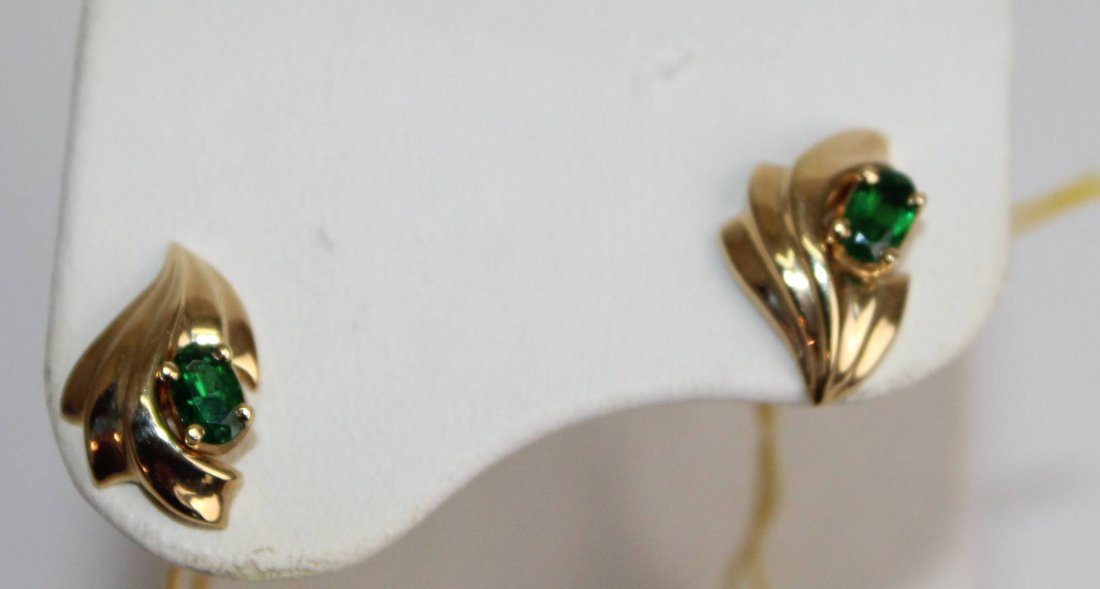 TSAVORITE STUDS: 14K GOLD TSAVORITE STUD EARINGS - 5X3MM OVALS W/ GOLD JACKET