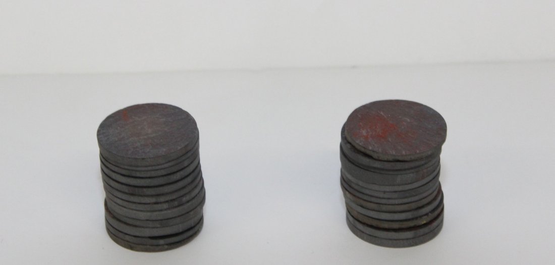 SLATE CHECKERS: (24) HAND CUT SLATE CHECKERS