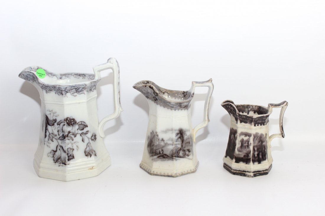 IRONSTONE MULBERRY PITCHER: LOT OF THREE IN VARIOUS PATTERNS