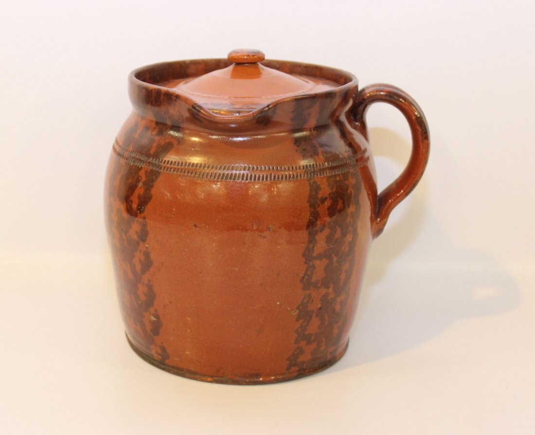 REDWARE COVERED PITCHER: 8"X8 1/2"