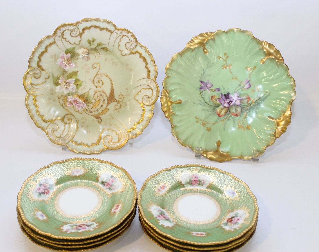 (10) PORCELAIN LIMOGES PLATES: (8) DESSERT PLATES BERNAUD AND CO - (2) HAND DECORATED PLATES 6 1/4" DESSERTS - (2) 8 1/2"