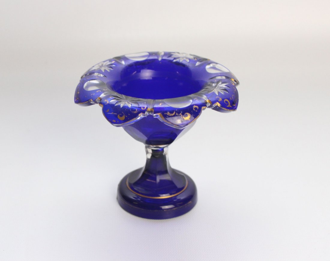 GLASS OVERLAY COMPOTE - BASE: COBALT CUT TO CLEAR COMPOTE - SILVER COMPOTE BASE WITH FRENCH HALLMARKS - 2.1OZT 4 1/4" X 3 1/2" - 4" X 3"