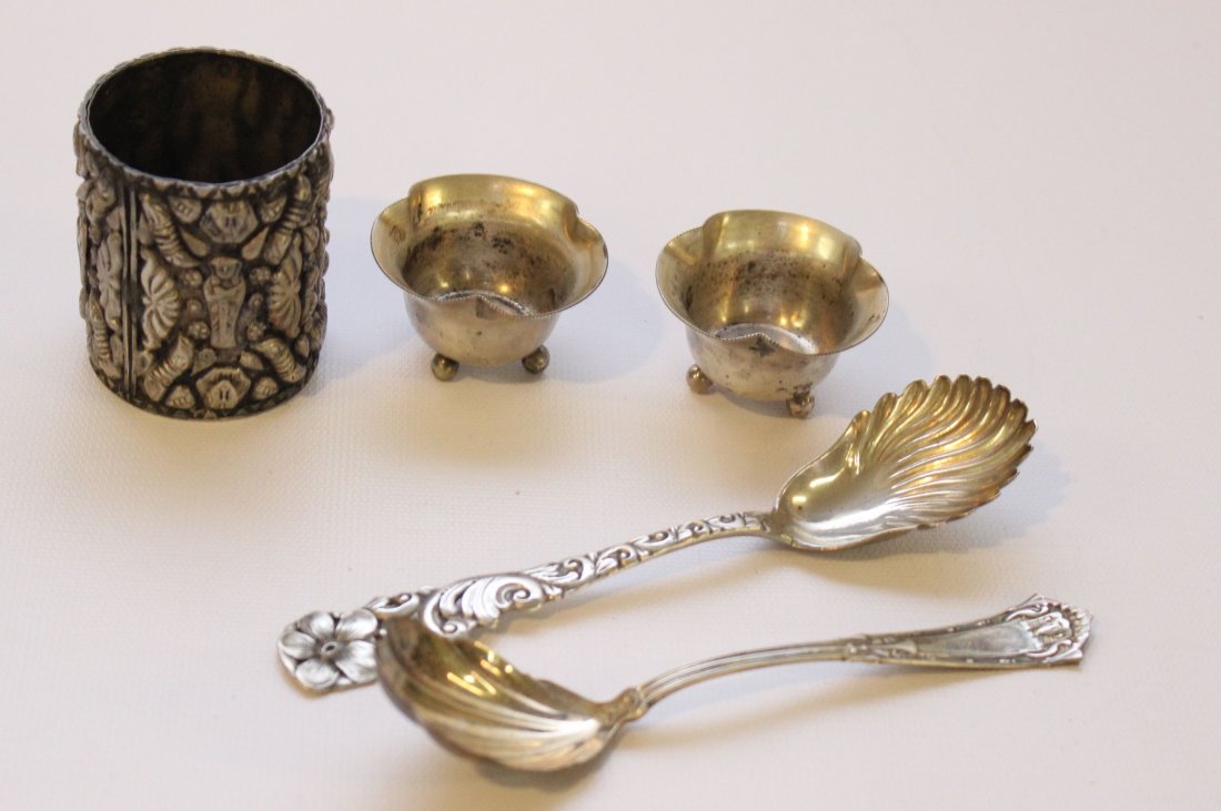 LOT OF SILVER: 2 - SUGAR SHELLS, 2 - .800 SALTS, AND CUP WITH EGYPTIAN MOTIF - 4.29 OZT