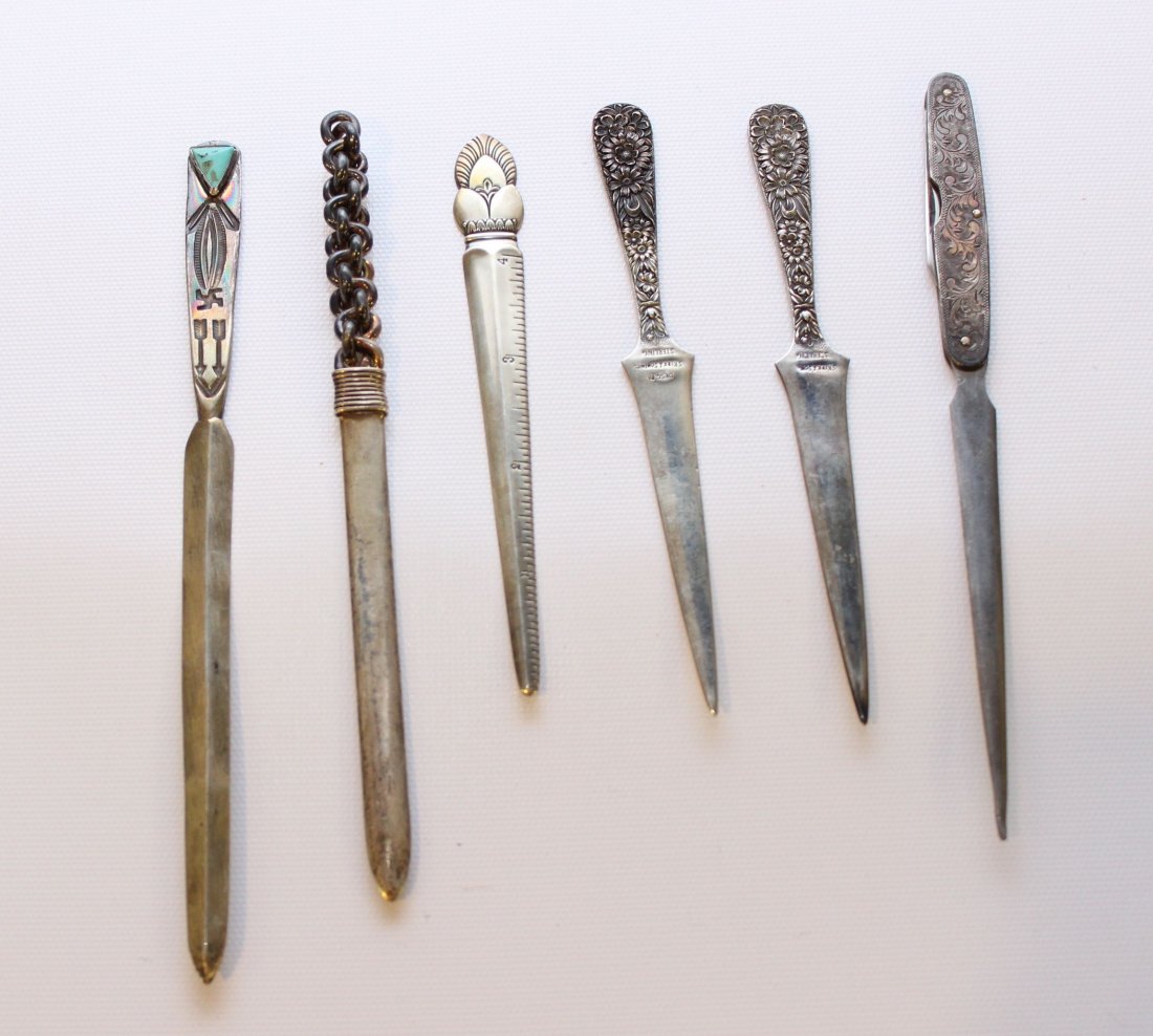 (6) SILVER LETTER OPENERS: NATIVE AMERICAN - MEXICO - PEN KNIFE WITH STERLING CASE - (2) STERLING KIRK REPOUSSE - PRINCESS INGRID - 4.72 OZT
