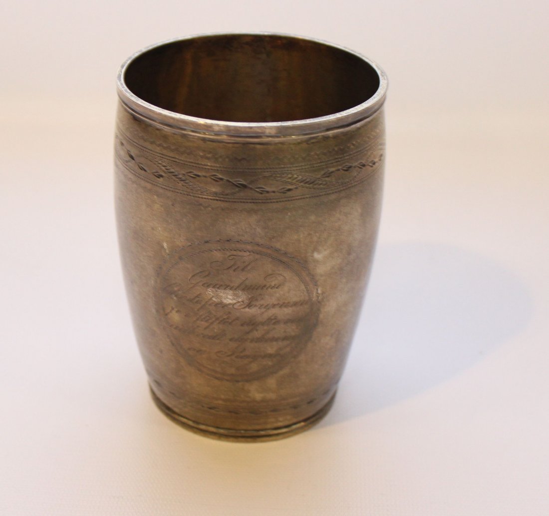 DENMARK SILVER BEAKER: EARLY HALLMARKS AND INSCRIPTIONS - 6.38 OZT 4 3/4"