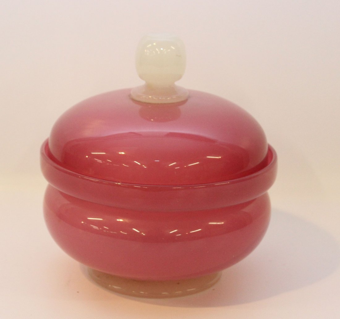 OPALINE FRENCH COVERED BOWL: PINK AND WHITE - HAND BLOWN 7"X7"