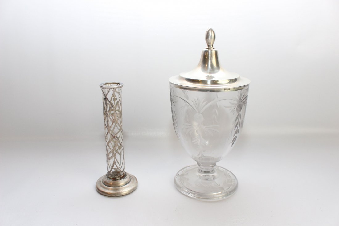 STERLING GLASS LOT: COVERED CANDY JAR WITH STERLING LID - OVERLAY VASE