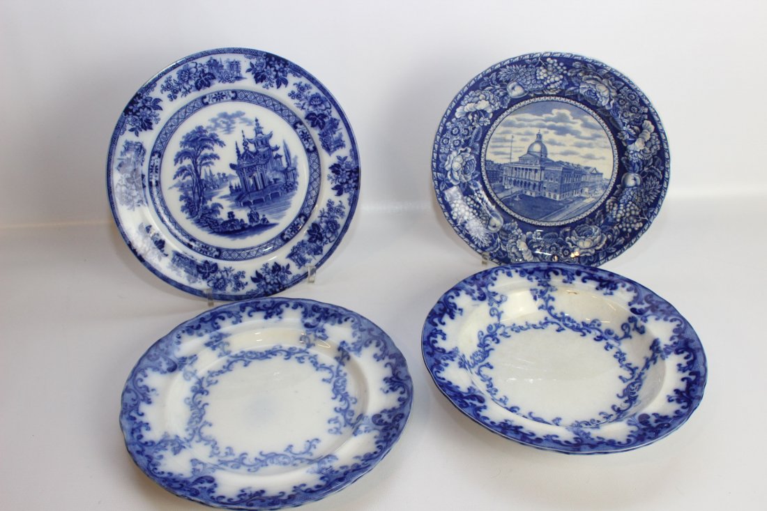 FLOW BLUE LOT: CORNICE BY DAVENPORT - SOUP AND PLATE - BOSTON STATE TREE PLATE - MADRAS BY DAULTON