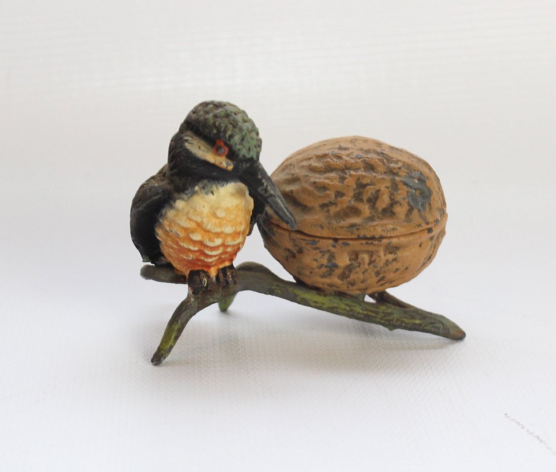 EARLY PAINTED THIMBLE HOLDER: WHITE METAL PAINTED THIMBLE HOLDER 2 1/4" X 3"