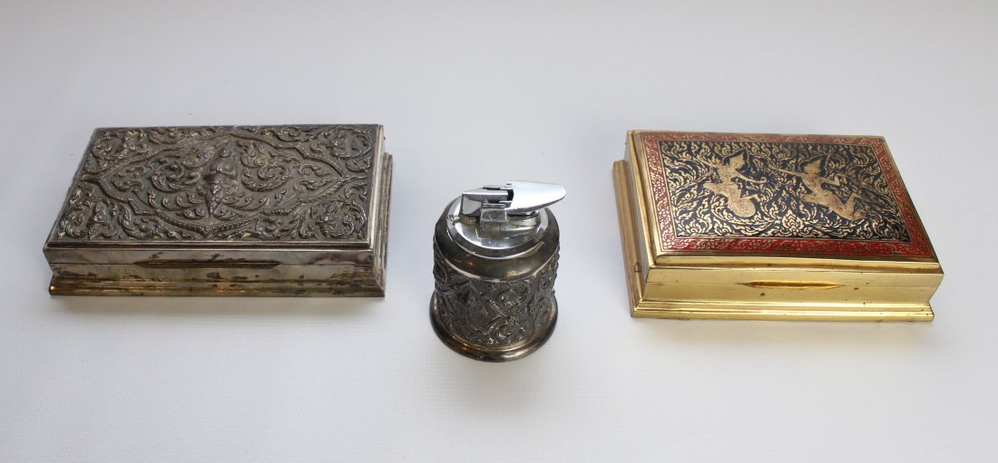 THAILAND SILVER CIGARETTE BOX AND LIGHTER: RONSON LIGHTER - BRASS AND ENAMEL BOX