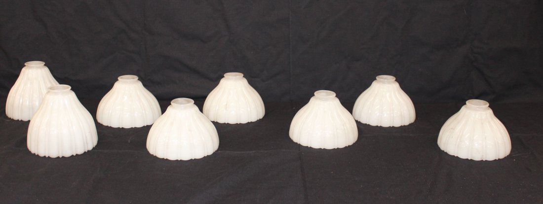 WHITE FLUTED SHADES: (2) LARGE (6) SMALL MARKED MACBETH LIGHTING. LG. 6.5" X 6"H SM. 7" X 4.75"H