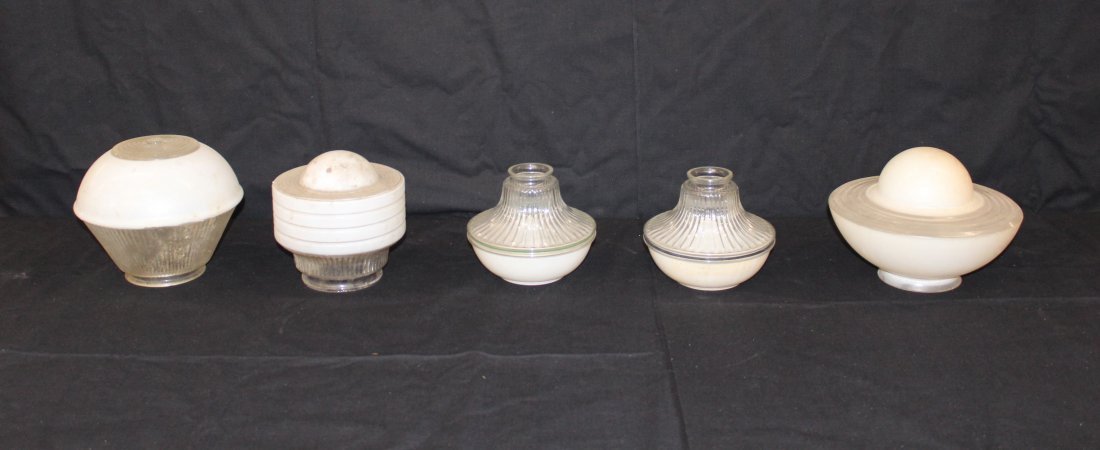 1950'S CEILING FIXTURE SHADES: WHITE AND CLEAR GLASS SIZE RANGE LARGE 9" X 6.5"H SMALL 6" X 5.5"H