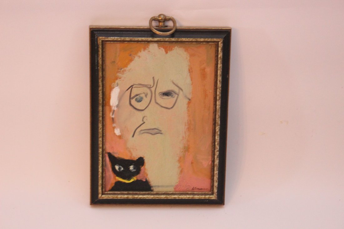 STERLING STRAUSER "OLD MAN YOUNG CAT": STERLING STRAUSER "OLD MAN YOUNG CAT" SIGNED IN THE LOWER RIGHT - NOT DATED THIS PAINTING SHOWS STRAUSER AT AN OLDER AGE WITH HIS CAT JASPER - OIL ON BOARD AND TITLED ON REVERSE WITH "AVANT - GARDE" W