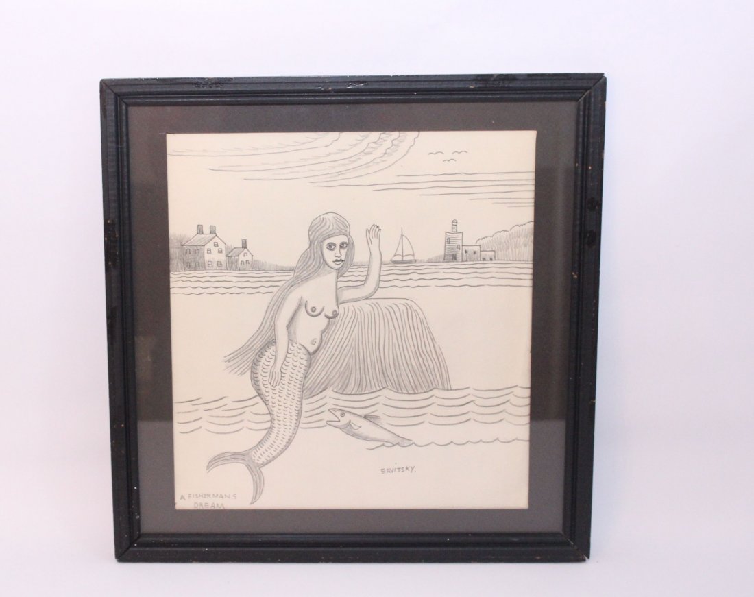 JACK SAVITSKY " A FISHERMANS DREAM": JACK SAVITSKY " A FISHERMANS DREAM" PENCIL ON PAPER - SIGNED LOWER RIGHT 10 3/4" X 11 1/4"