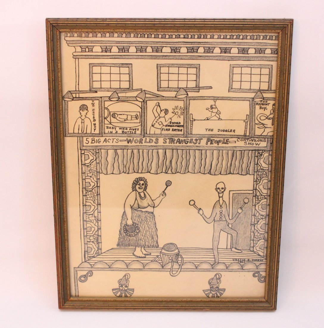 VESTIE E. DAVIS "FAT LADY AND THIN MAN": VESTIE E. DAVIS "FAT LADY AND THIN MAN" PEN, INK, AND CHARCOAL DATED 1961 16"X12"