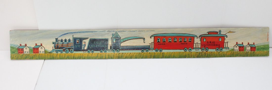 JACK SAVITSKY "COAL TRAIN": JACK SAVITSKY "COAL TRAIN" ERIE LACKAWANNA 1892 - ORIGINALLY A LEHIGH VALLEY TRAIN CAR, SAVITSKY PAINTED OVER AND CHANGED ITS NAME - SAVITT COLLECTION 51"X 6"
