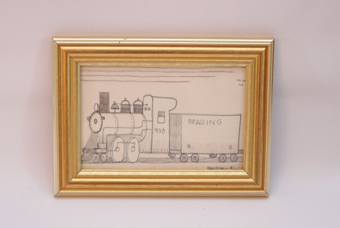 JACK SAVITSKY READING TRAIN: JACK SAVITSKY READING TRAIN READING RAILROAD PENCIL AND PEN DRAWING 3 3/4" X 5 3/4"