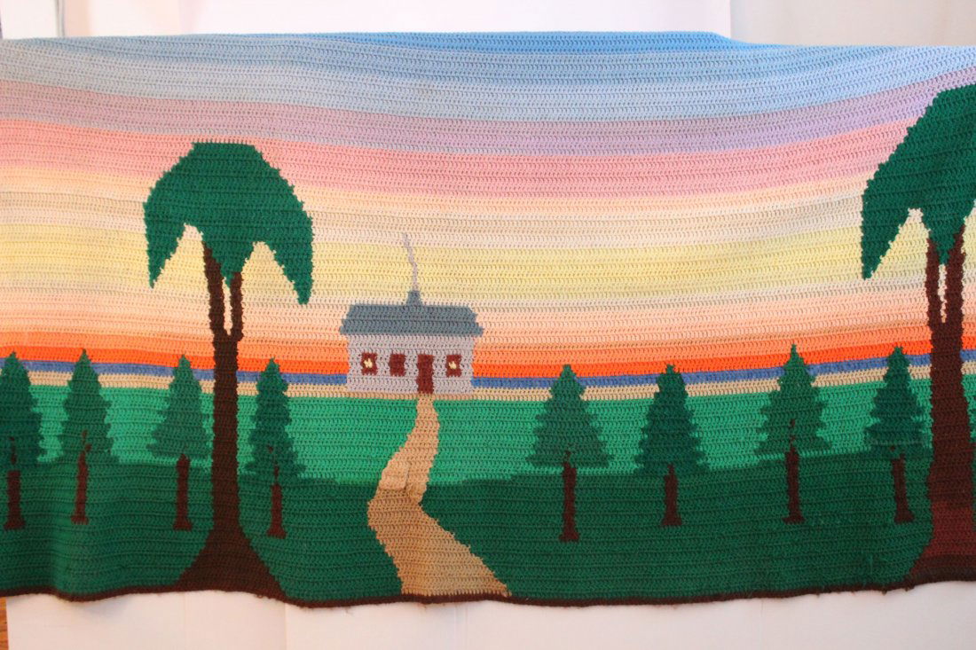 BRIGITTA BERTOIA PICTURE BLANKET: BRIGITTA BERTOIA PICTURE BLANKET HAND CROCHET BLANKET DONE BY THE WIFE OF HARRY BERTOIA 50"X85"