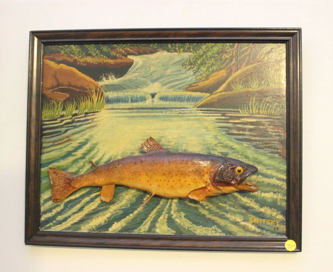 JACK SAVITSKY " BROWN TROUT": CAUGHT IN BIG CREEK PA 1942 - SIGNED LOWER RIGHT AND DATED 1958 WHEN MOUNTED TROUT WAS ADDED 18"X14"