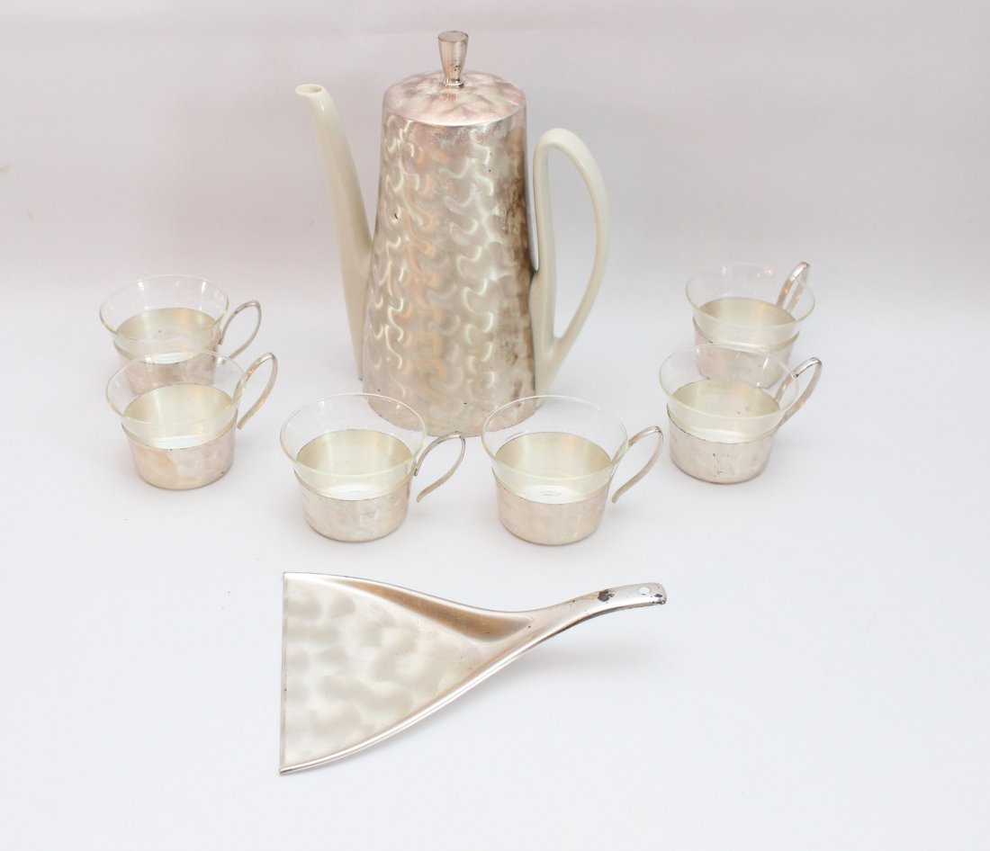 H.K.E. CHOCOLATE SET: POLISHED ALUMINUM AND PORCELAIN - MID CENTURY CHOCOLATE SETTRAY 14" - TEA POT 10" - CUP 2 1/2"