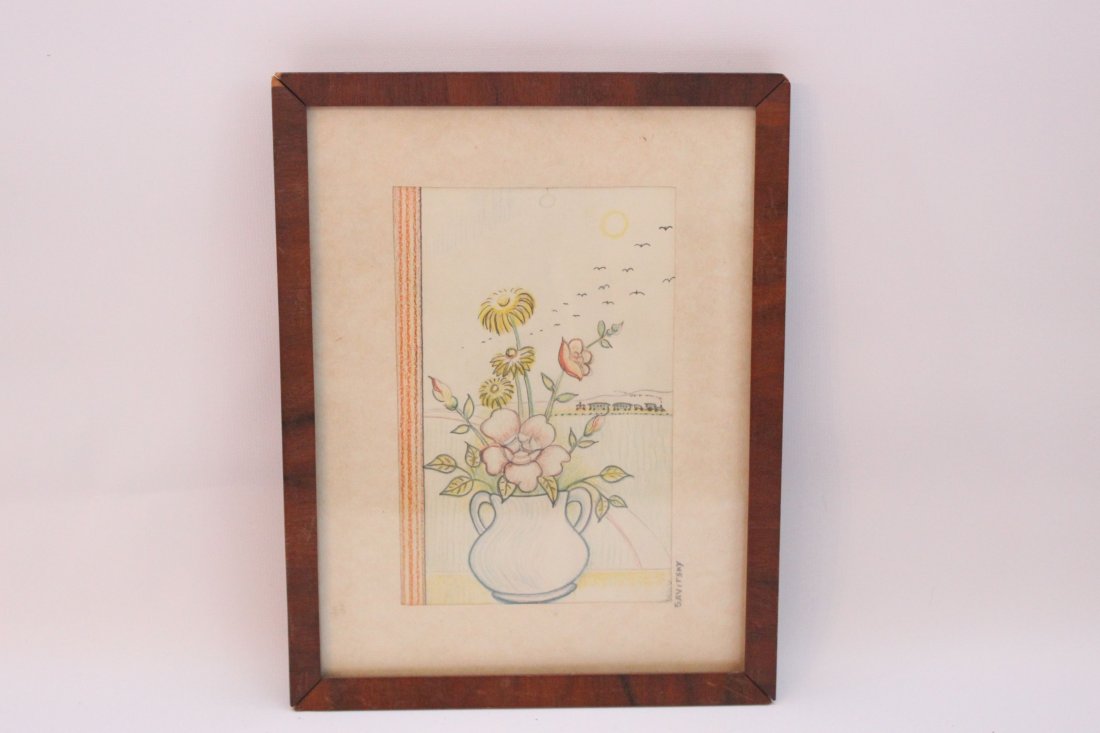 JACK SAVITSKY "FLORAL": CRAYON AND PEN ON PAPER - FLORAL WIH TRAIN IN BACKGROUND - SIGNED LOWER RIGHT - 4 1/2"X 6 1/2"