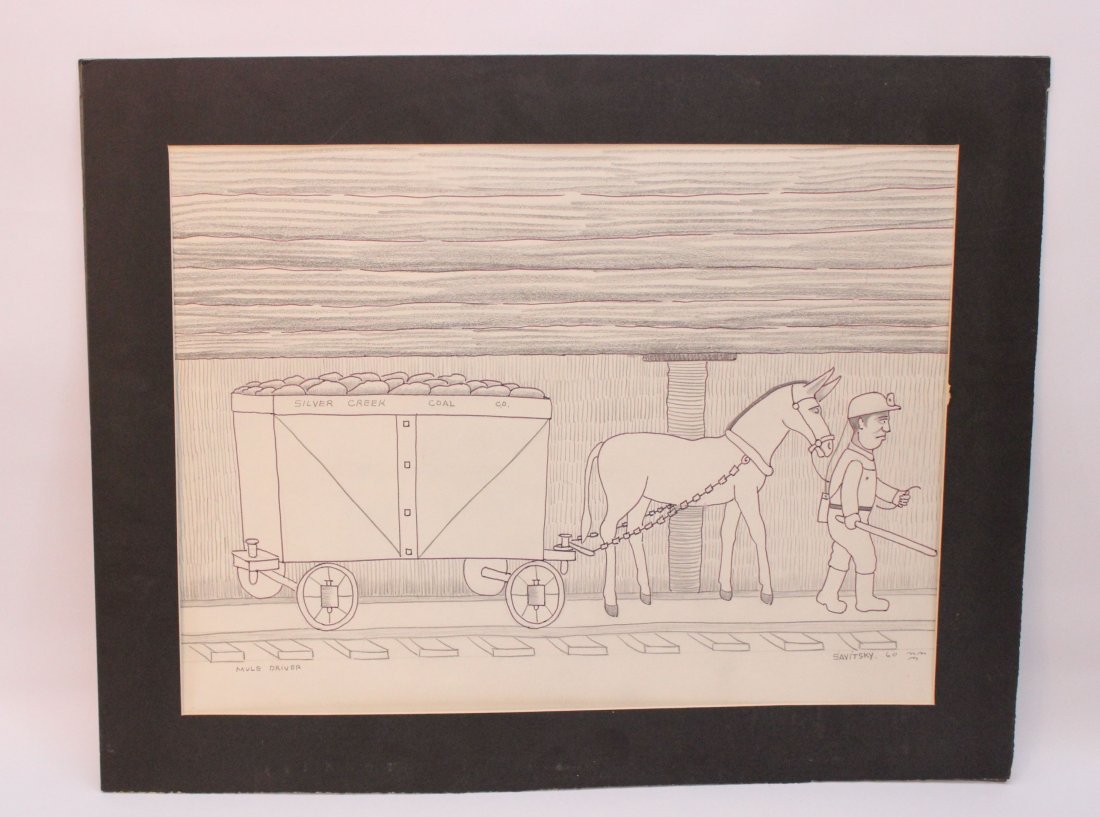 JACK SAVITSKY "MULE DRIVER": "SILVER CREEK COAL CO" MULE DRIVER - SIGEND AND DATED 1960 - ONLY MATTED - PEN-INK-PENCIL23"X17"