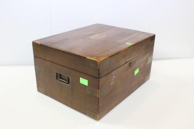 MAHOGANY HUMIDOR: MAHOGANY HUMIDOR ALUMINUM LINED WITH COPPER DESIGN - SIDE HANDLES AND "B.H.A." INITIALS 12"X 8 1/2" X 16"