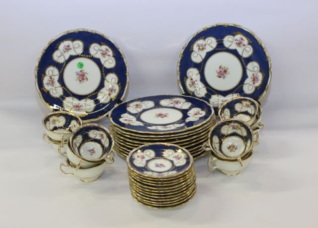 ENGLISH CRESCENT DISH SET - 12 PLATES, 12 SAUCERS, AND: ENGLISH CRESCENT DISH SET - 12 PLATES, 12 SAUCERS, AND 11 CUPS - FLORAL PATTERN WITH GOLD TRIM PLATE 10 1/2" - SAUCER 5 1/4" - CUP 2"X3 3/4"