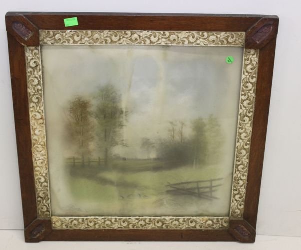 EARLY WATER COLOR: EARLY WATER COLOR SIGNED AND DATED LOWER RIGHT WATER COLOR SCREEN IN FORREST WITH BIRDS AND HUNTING GUN AND SATCHEL 19" X 19"