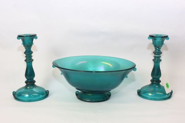 CARNIVAL GLASS CONSOLE SET: ELECTRIC BLUE - DOUBLE SCROLL PATTERN - PR. CANDLE STICKS AND CENTER BOWL BOWL (5"X11") - CANDLESTICKS 8 1/2"