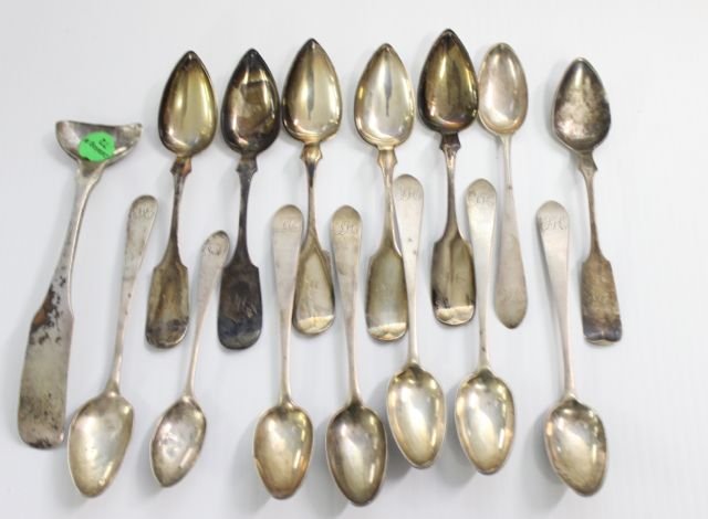 LOT OF COIN SILVER: 14 MONOGRAMED SPOONS AND PUSHER - 8.10 OZT
