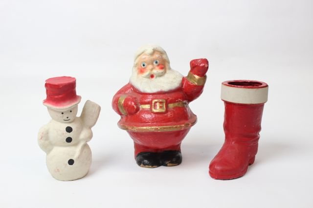 GROUP OF HOLIDAY ITEMS: SANTA CLAUSE - SNOWMAN - AND BOOT SANTA 9"